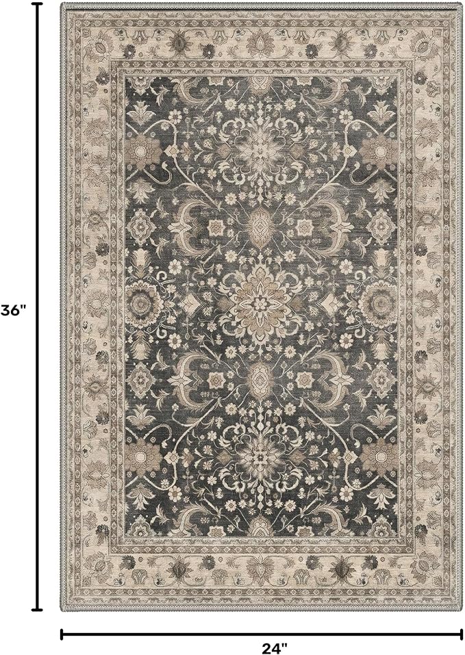 2x3 Doormat, Vintage Floral Washable Non Slip Area Rug for Entrance | Oriental Floral Soft Low Pile Boho Small Rug for Entryway Bedside Kitchen, Stain Resistant Lightweight Easy Care, Dusty Taupe