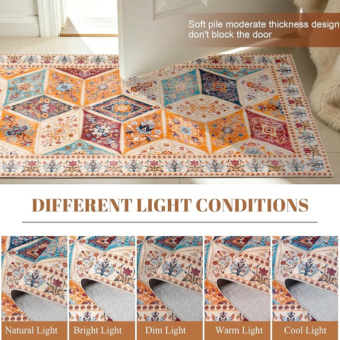 Moroccan Vintage Distressed Boho Geometric Cream 2.7x8 Runner Rug | Patchwork Washable Non Slip Throw Floor Long Carpet Runner for Hallway Entryway Kitchen Bathroom Bedroom Livingroom Rug
