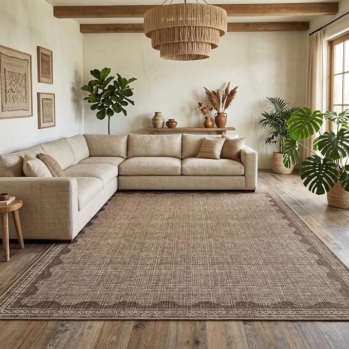 Garvee Modern Bordered Rugs for Living Room 8x10 Large Washable Rug Coffee | Non Slip Low Pile Soft Carpet Foldable Non Shedding Stain Resistant Floor Cover for Bedroom Playroom Nursery Office Dorm