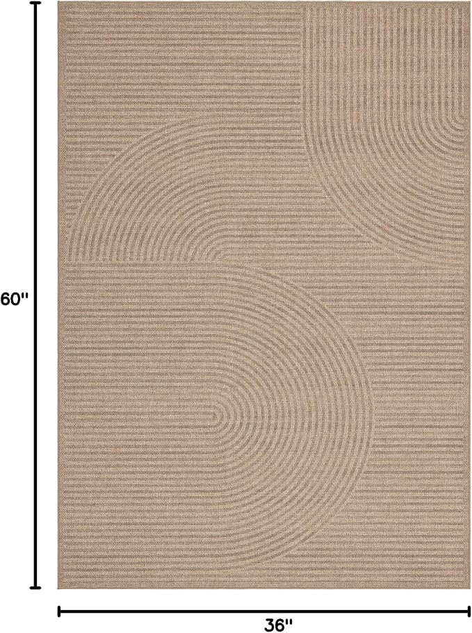 Easy Jute Rug 3x5 Outdoor: Natural Area Rugs for Patio Linen-Look Fabric Durable - Neutral Washable Carpet Mat for Entryway Bedroom Kitchen Non-Slip - Swirl Curved Pattern
