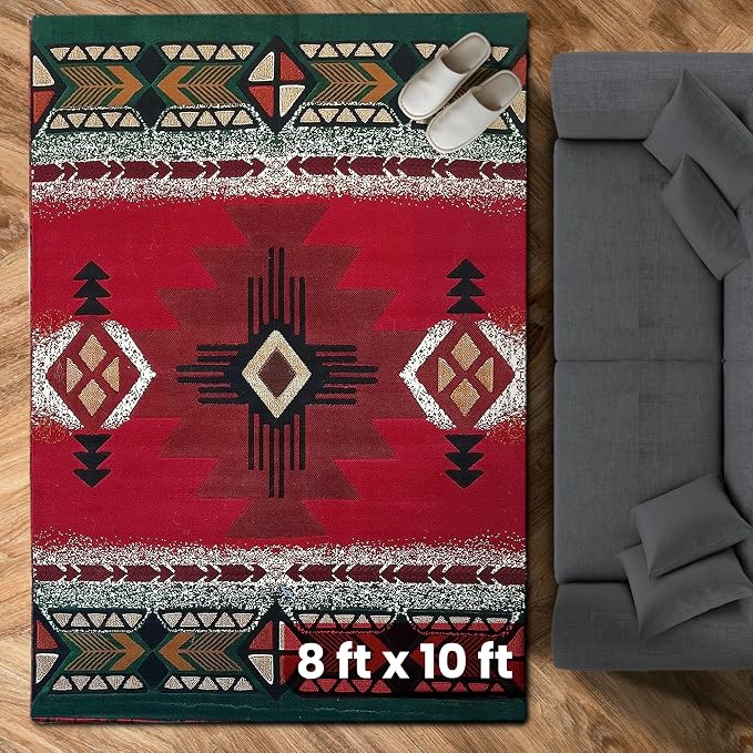 YHSF South West Native American Area Rug C318 - Easy Clean, Thick, Soft, Durable Native Tribal American Indian Inspired Rug for Bedroom/Living Room and More - Red, 8 Feet x 10 Feet