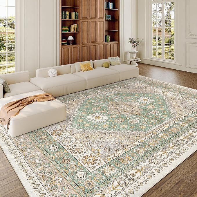 9x12 Area Rugs for Living Room,Large Washable Rug,Green | Rugs for Bedroom,Dining Room,Office,Low Pile,Soft, Vintage Rug,Stain Resistant Indoor Carpet,Non Slip,Home Decor