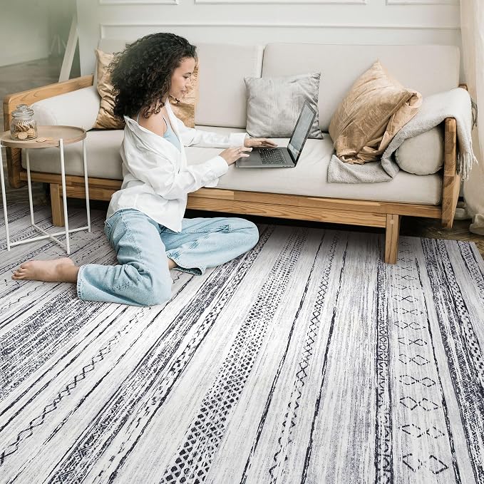 Tortania Area Rug Living Room Rugs - 10x12 Washable Large Soft Neutral Boho Moroccan Bohemian Farmhouse Rug Indoor Floor Carpet for Bedroom Under Dining Table Home Office Decor - Grey