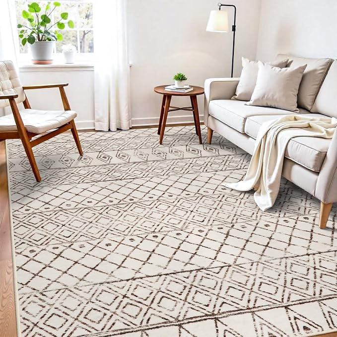 7x9 Geometric Beige Moroccan Washable Rug:Non Slip Area Rug Living Room | Pet Friendly Stain Resistant Carpets with Rubber Backing for Bedroom Soft Low Pile Modern Boho Rug