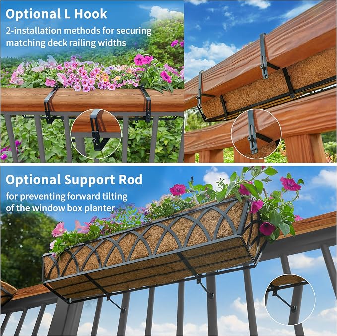 Y&M 4 Pack Hanging Railing Planter Boxes, 30 Inch Adjustable Balcony & Deck Planter, Heavy Duty Metal Flower Box for Porch, Fence & Window, Outdoor Plant Holder
