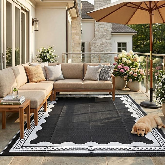 Garvee Outdoor Rug 5x8 Scalloped Waterproof Patio RV Outdoor Rugs Reversible Foldable Plastic Straw Rug Modern Camping Carpet for Deck Camper Porch Balcony Backyard Picnic Beach Black and White
