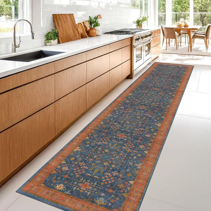 Navy Blue Washable Hallway Runner Rug 2x10 Non Slip Rugs for Kitchen, Mudroom, Bathroom, Hall Way - 10 ft Long Dark Boho Geometric Decor, Fade & Stain Resistance