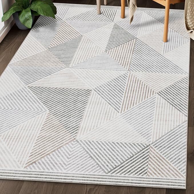 Machine Washable Area Rug - Living Room Bedroom Bathroom Kitchen Entryway Office - Padded Low Pile Stain Resistant Premium - Modern Geometric Contemporary - Miles - Beige 5' x 7'
