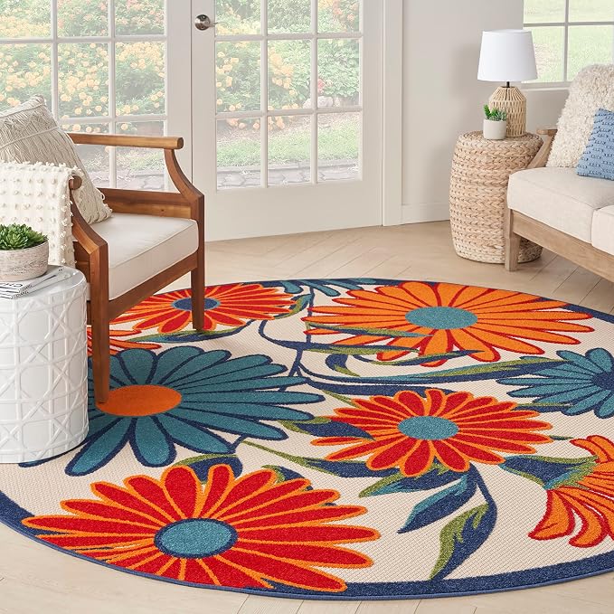 Nourison Home Aloha Multicolor 7'10" x Round Area Rug - Easy Clean, Non Shedding, Bed Room, Living Room, Dining Room, Kitchen (8' x Round)
