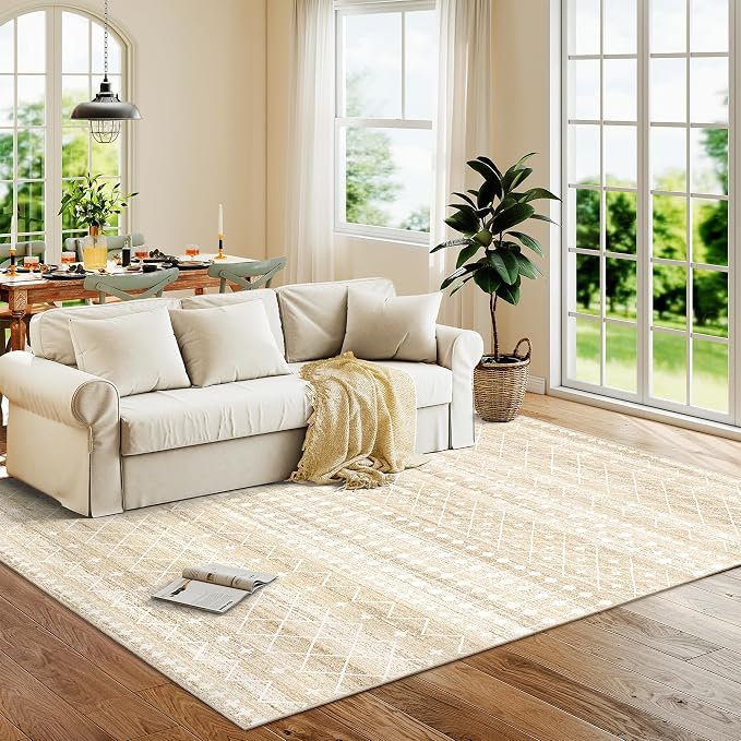 Miukiki 5x7 Washable Area Rug for Living Room, Soft Non Slip Rug Beige | Non-Slip Thin Throw Rug for Bedroom Kitchern Dining Room Office, Low Pile Indoor Floor Carpet with Vintage Pattern 5'x7'