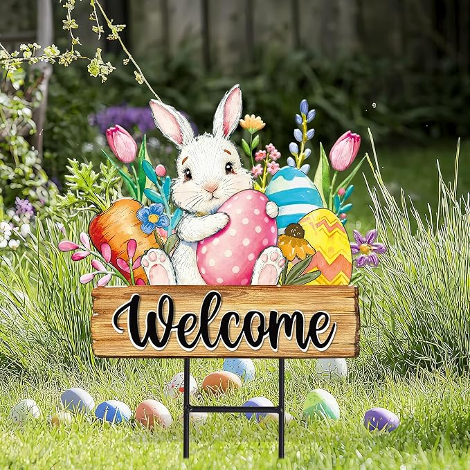 JarThenaAMCS Easter Metal Garden Stake Welcome Yard Sign Watercolor Bunny Rabbit Egg Floral Decorative Lawn Sign for Spring Home Outside Lawn Porch Walkway Pathway