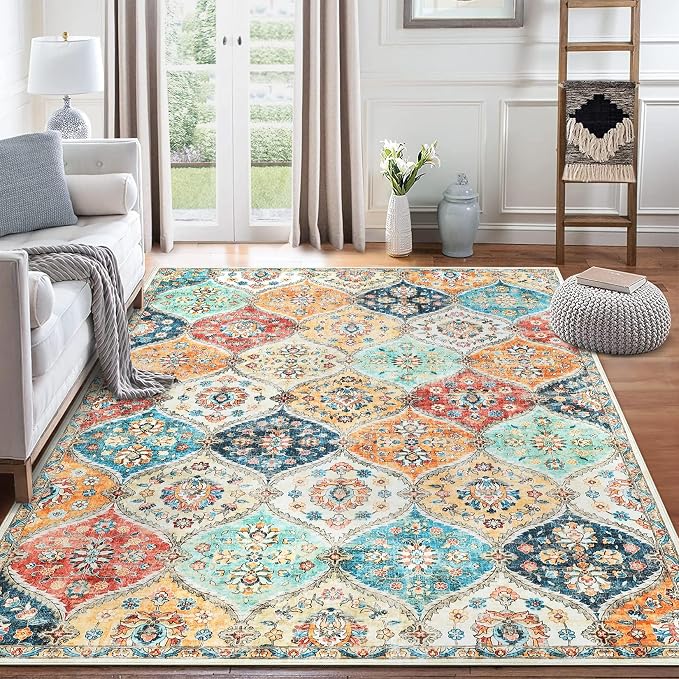 ROYHOME 8x10 Area Rug Moroccan Trellis Machine Washable Rug, Cream | Vintage Medallion Distressed Indoor Accent Rug Stain Resistant Non-Slip Floor Cover Carpet for Living Room Bedroom