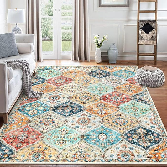 ROYHOME 8x10 Area Rug Moroccan Trellis Machine Washable Rug, Cream | Vintage Medallion Distressed Indoor Accent Rug Stain Resistant Non-Slip Floor Cover Carpet for Living Room Bedroom
