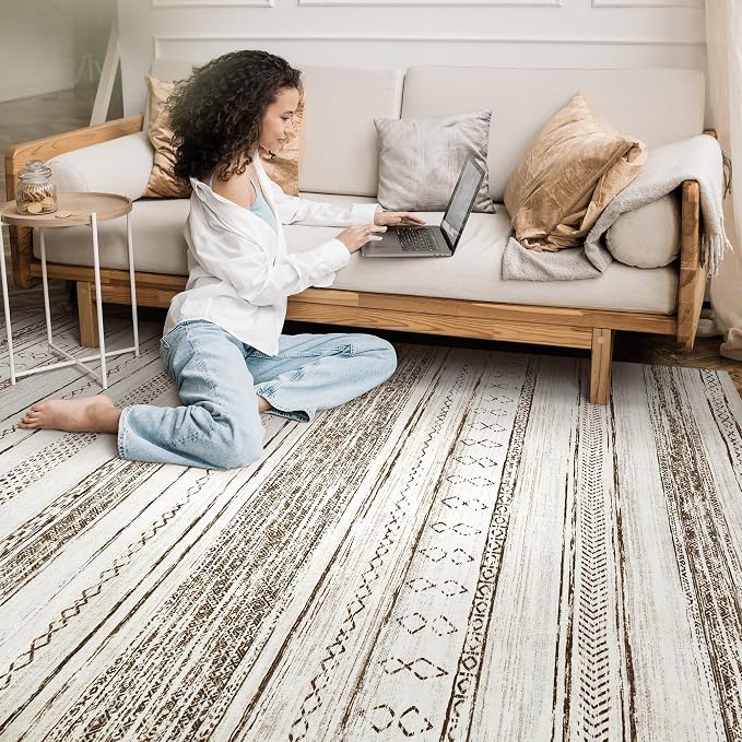 Tortania Area Rug Living Room Rugs - 6x9 Washable Large Soft Neutral Boho Moroccan Bohemian Farmhouse Rug Indoor Floor Carpet for Bedroom Under Dining Table Home Office Decor - Cream Brown