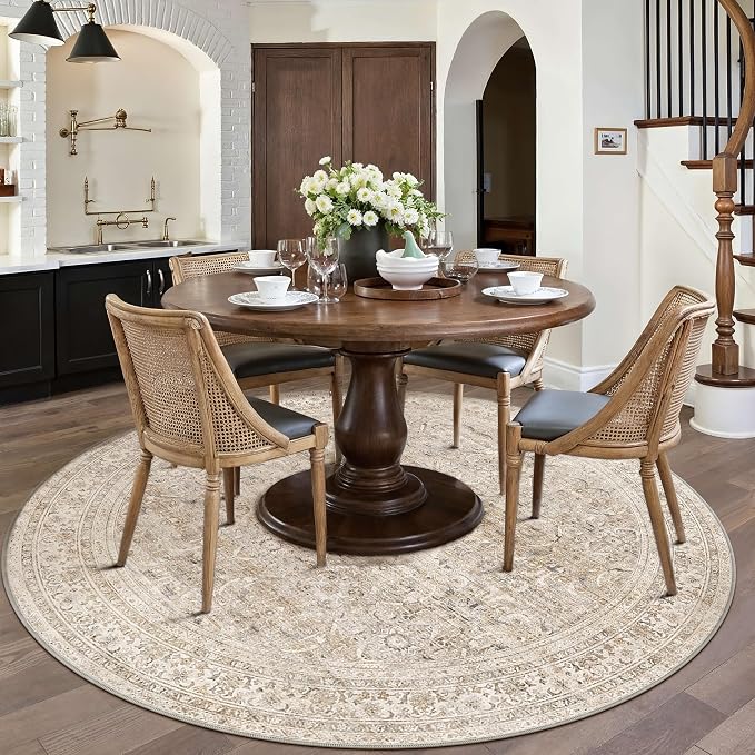 4ft Round Beige Vintage Distressed Washable Rug for Living Room | Low Pile, Non Slip, Retro Style, Soft Distressed Round Rug for Living Room, Bedroom, Dining Room, Home Decor