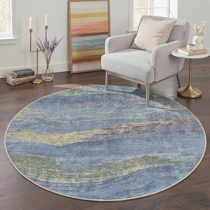 BEIMO 5FT Washable Round Rug for Living Room, Wave Abstract Ocean Blue | 5' Soft Machine Washable Modern Circle Rug,Streaks Pattern Non Slip Indoor Carpet for Dining Room Playroom Bedroom Office