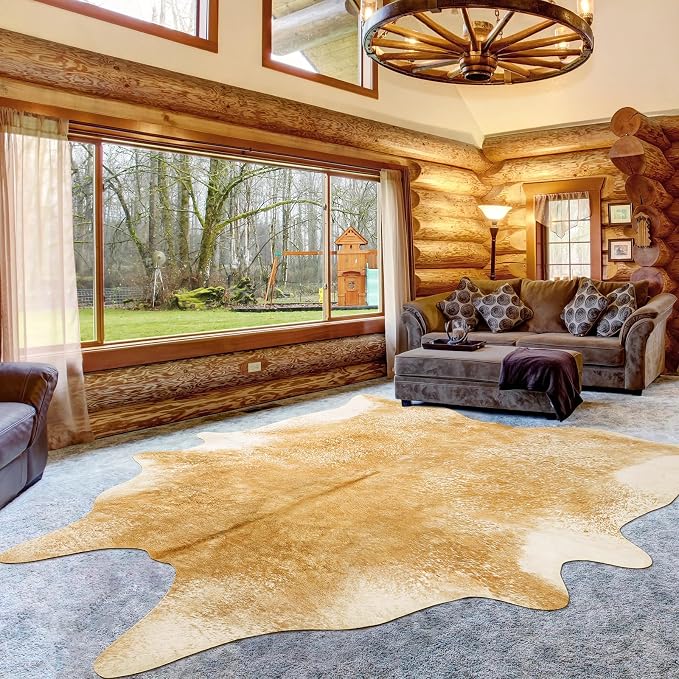 Cow Hide Rug for Living Room,5x6 Washable Khaki Cow Print Area Rugs, Non Slip Faux Animal Skin Hide Carpet for Living Room Bedroom Office, Western Rustic Farmhouse Home Decor