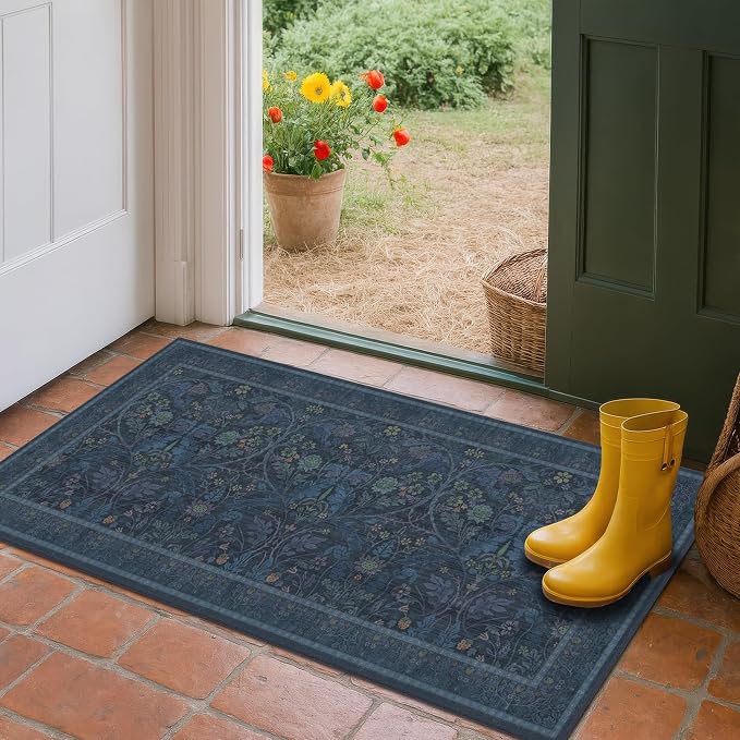 Washable 2x4 Entryway Rugs, Oriental Floral Small Blue Kitchen Rugs, Thin Bathroom Rugs Fit Under Door, Low Pile & Soft Carpet for Mudroom, Bedside