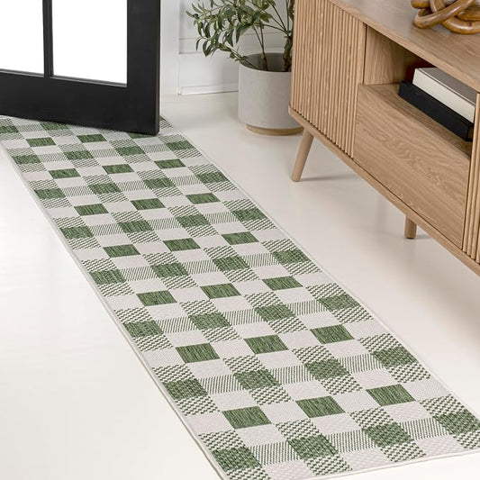 JONATHAN Y Geometric Bold Gingham Indoor Outdoor Runner Rug 2X8 Green/Cream, Darcy Traditional for Backyard, Patio, Porch, Easy-Cleaning, High Traffic, Pet-Friendly, Non-Shedding (TSN201E-28)
