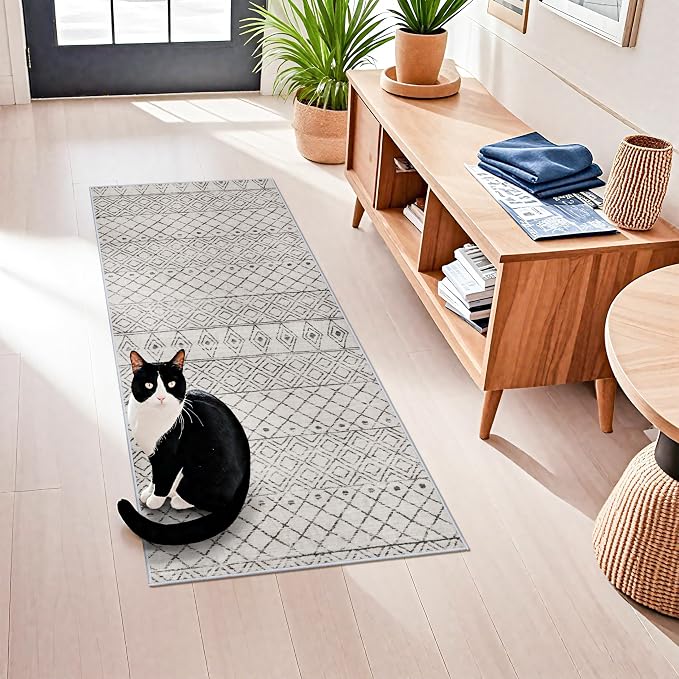 2x5 Rug Runner Moroccan: Washable Hallway Non Slip Runner Geometric Grey | Pets Friendly Runner Low Pile Soft Indoor Floor Mat Front Door for Kitchen Bedroom Entryway Laundry