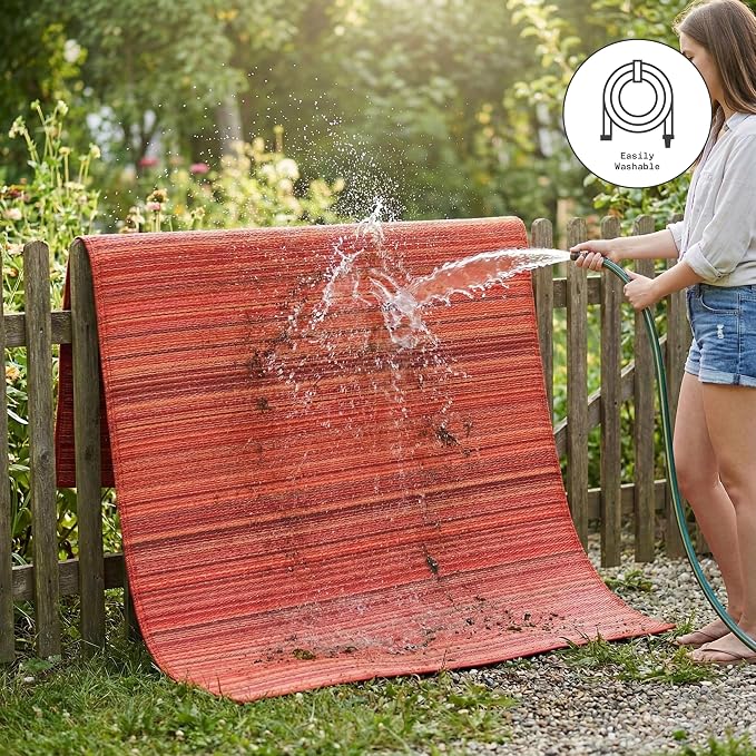 Fab Habitat Outdoor Rug - Waterproof, Fade Resistant, Crease-Free - Premium Recycled Plastic - Striped - Patio, Porch, Deck, Balcony - Cancun - Sunset - 5 x 8 ft