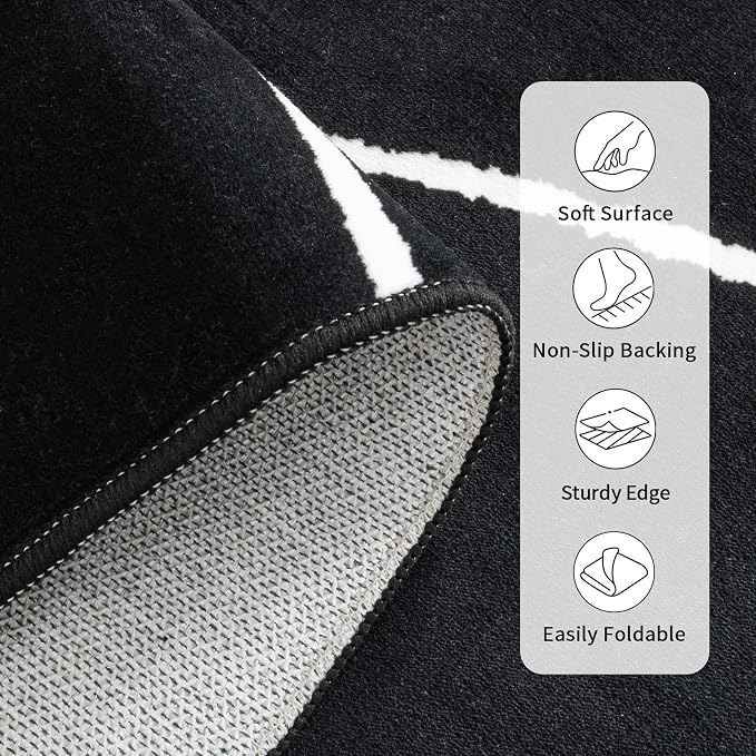 8x10 Washable Modern Abstract Black White Area Rug | Ultra-Thin Low Pile, Non-Slip TPE Backing, Soft Stain Resistant, Machine Washable, for Bedroom Livingroom High Traffic