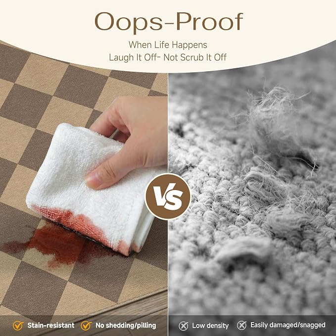 PureCozy Checkered Round Rugs 6ft, Outdoor Patio Easy Jute Rug Indoor Outdoor Circle Carpet, Farmhouse Nature Non Shedding Non Slip Washable Brown Carpet for Living Room Entry Deck