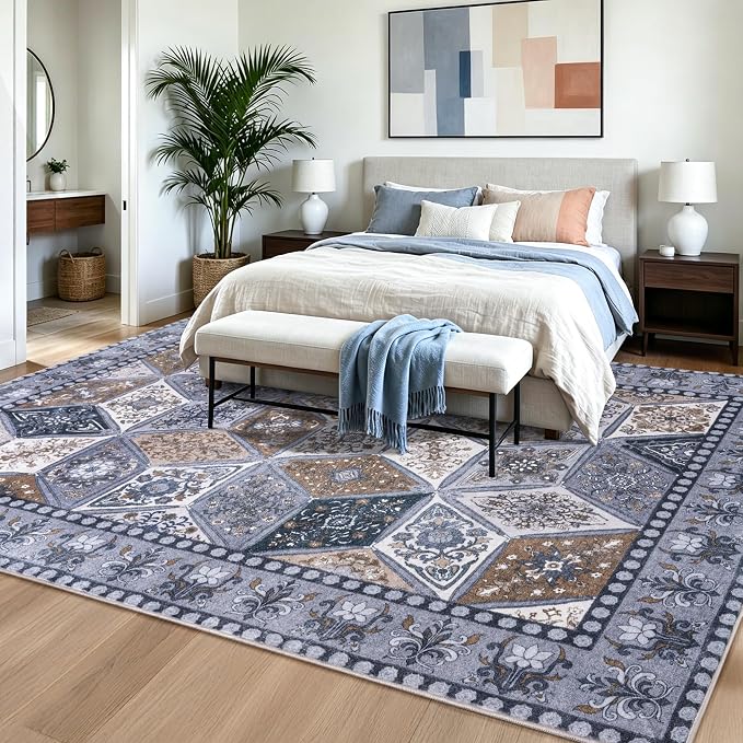 Moroccan Boho Floral Geometric Patchwork Washable 5x8 Large Area Rug | Vintage Distressed Non Slip Throw Carpet for Bedroom Livingroom Kitchen Hallway Entryway Office Dining Room Docer, Dark Grey