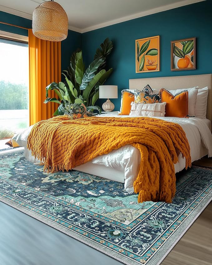 RELEANY Washable Area Rug, 6'x9', Teal | Non-Slip, Water Repellent, Pet Friendly, Easy to Clean, Vintage Floral Boho Decor for Living Room Bedroom Dining Room Office