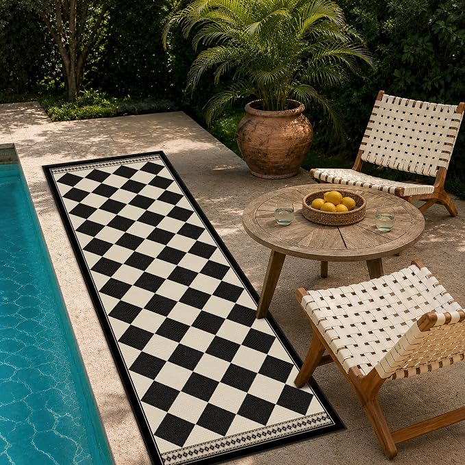 Easy Jute Washable Checkered Runner Rug, Non Slip Entryway Checkerboard Rug Runners 2x6, Black and Brown Boho Diamond Carpet for Kitchen Laundry Hallway, Stain Resistant Indoor Outdoor Home Décor