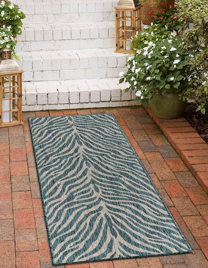 Unique Loom Outdoor Safari Collection Area Rug - Tsavo (2' x 8' Runner, Teal/ Ivory)