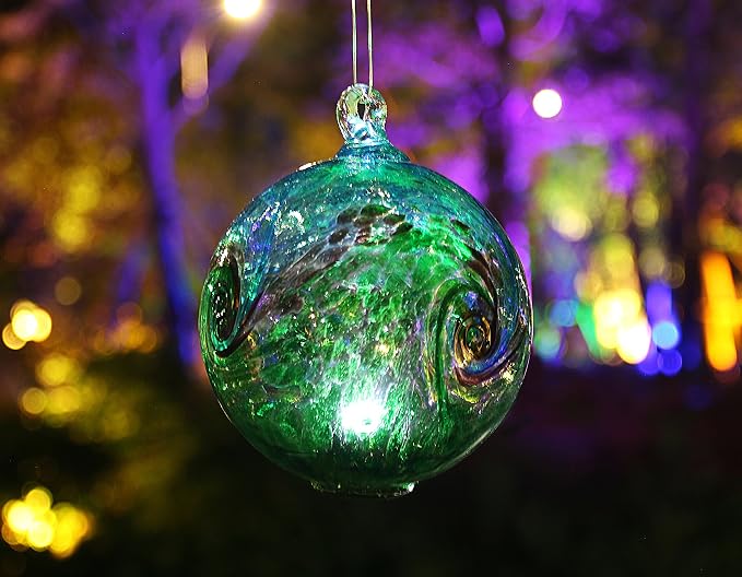 Artisan Crafts and Design 4.6-Inch Solar Hanging Glass Gazing Ball Outdoor Garden Décor Aqua-Green Swirl