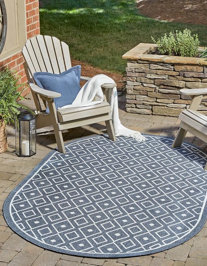 Unique Loom Outdoor Trellis Collection Area Rug - Kafes (5' 3" x 8' Oval, Navy Blue/ Ivory)