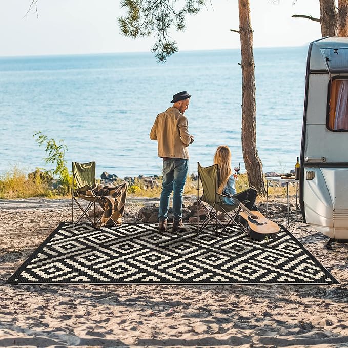 GENIMO 5'x8' Outdoor Rug Waterproof, Reversible Mats, Area Rug, Plastic Outside Carpet, Geometric Rv Mat for Patio Camping Rv Picnic Backyard Deck Balcony Porch Beach Trailer (Black & Beige)