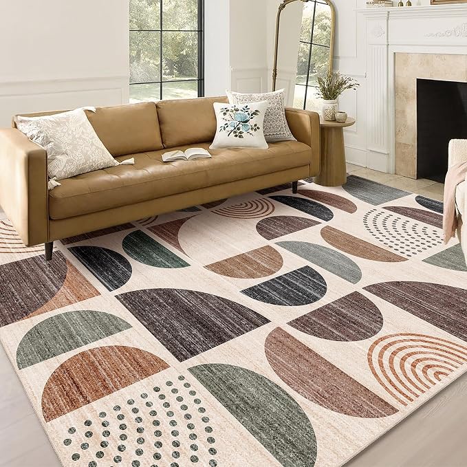 5x7 Area Rugs Washable,Boho Rugs Non Slip Modern Abstract Large | Throw Carpet for Living Room Bedroom Dining Room Soft Low Pile Floor Indoor Bohemian Brown