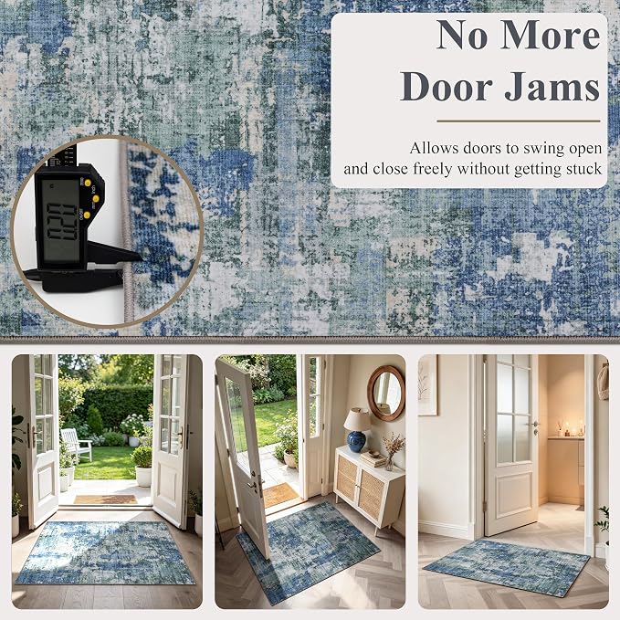 Sasttie 2x3 Entryway Area Rug, Modern Abstract Small Carpet, Blue & Green | Machine Washable, Ultra-Soft Faux Wool, Non-Slip, Low Pile, Thin, for Entrance, Door-Mat, High-Traffic Areas