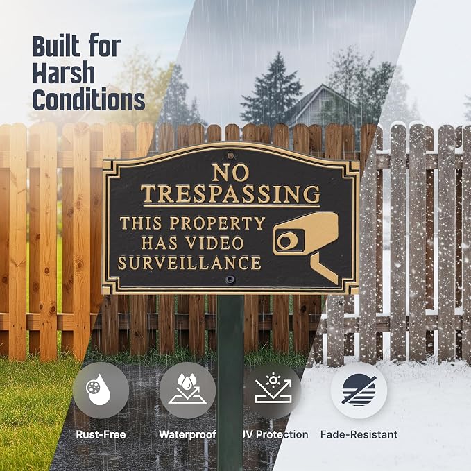 SmartSign 5.75 x 9.5 inch “No Trespassing - This Property Has Video Surveillance” GardenBoss Statement Plaque with 18 inch Lawn Stake, 375 mil Rustproof Aluminum, Black and Gold, Set of 1, USA-Made