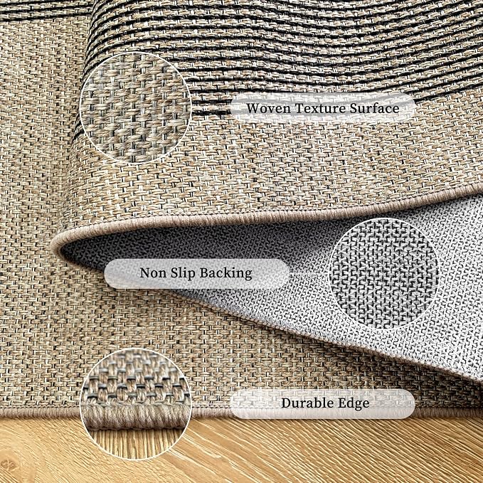 Outdoor Easy Jute Runner Rug: 2.5x8 Modern Natural Area Rugs for Front Patio Hallway Linen-Look Fabric Durable - Neutral Washable Mat for Entryway Kitchen Bedroom - Black Stripes