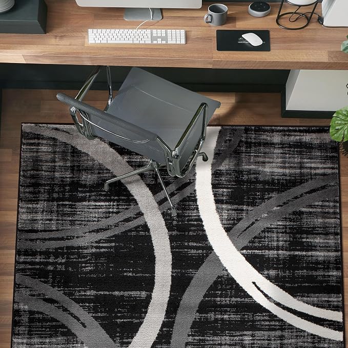 Rugshop Wavy Circles Modern Fade-Resistant Area Rug Black 3'3" x 5' | Rectangular, Size 3'3" x 5', Living Room, Bedroom, Dining Room, Home Office, Kitchen, Entryway, Hallway, Nursery, Kids Room