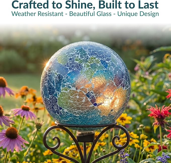 Sunnydaze 10" Mosaic Glass Gazing Ball for Garden, Globe for Outdoor Decor | Azul Terra, Decorative Sphere Fits Most Stands, Garden Ball for Outside, Flower Bed, Backyard, or Indoor Display