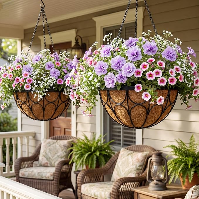 4 Pack 14 Inch Hanging Planters for Outdoor Plants，Large Wire Flower Hanging Basket with Coco Liners for Balconies, Patios, Porch, Terraces Decor