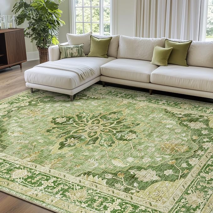 RELEANY Washable Area Rug, 7'x9', Green/Yellow | Non-Slip, Water Repellent, Pet Friendly, Easy to Clean, Vintage Floral Boho Decor for Living Room Bedroom Dining Room Office