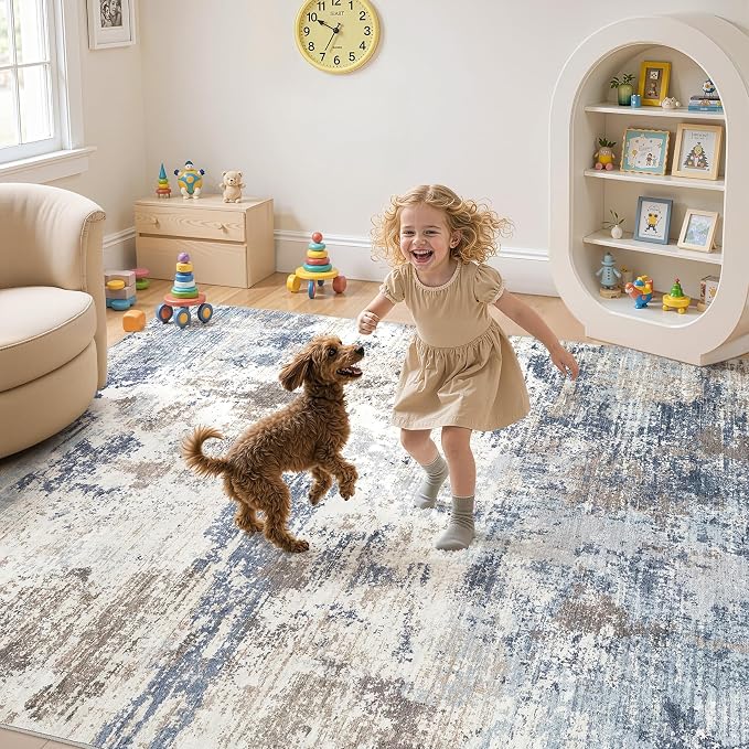 UERMEI 9x12 Area Rug Living Room Rugs - Washable Neutral Modern Abstract Soft Thin Large Rug Indoor Floor No Slip Rug Carpet for Bedroom Under Dining Table Home Office Decor- Denim Blue