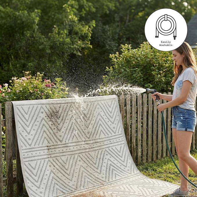 Fab Habitat Chevron Outdoor Rug - Waterproof, Fade Resistant, Crease-Free - Premium Recycled Plastic - Striped - Patio, Porch, Deck, Balcony - Patan - Beige - 5 x 8 ft