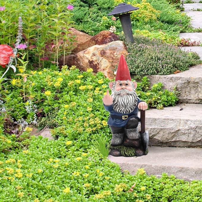 Candy Creations On Cloud 9 Angry Garden Gnome with a Shovel Holding Up Middle Finger, Outdoor Decor, Funny Statue