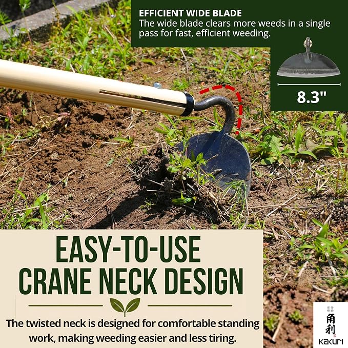 KAKURI Japanese Garden Hoe Heavy Duty 50" Long Handle for Weeding - Draw Hoe Weeder Tool - Sharp Japanese Steel Blade & Wooden Handle - Made in Japan