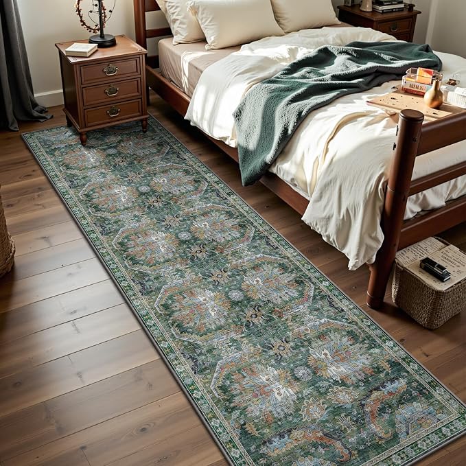 2x10 Hallway Runner Rug, Washable Vintage Retro Long Runner Rugs for Kitchen Laundry, Soft Ultra Thin Non Slip Low Pile Traditional Area Carpet for Bedroom Bathroom Indoor, Green