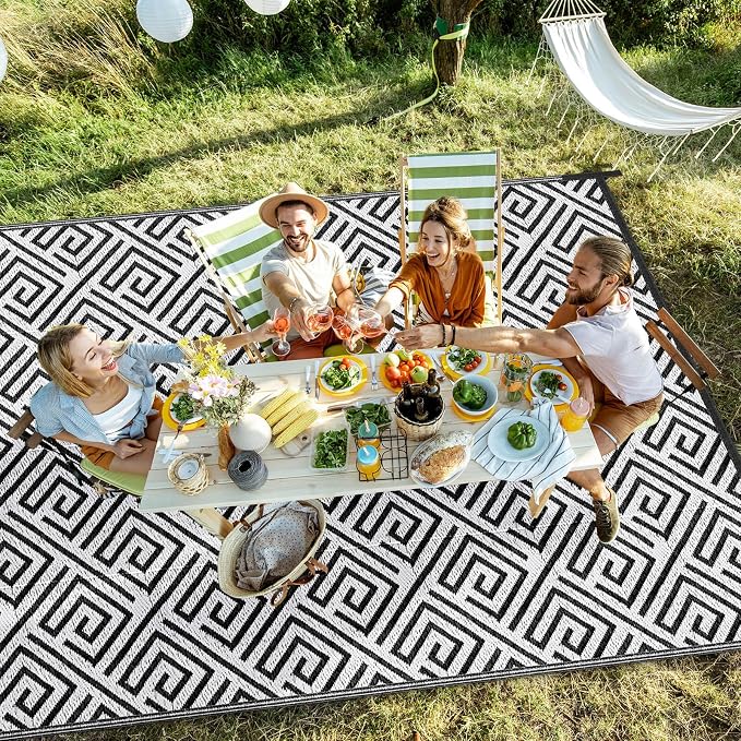 Outdoor Patio Plastic Straw Rug - 8x10 ft Outdoor Camping Rug Waterproof Reversible, Area Carpet Patios RV, Outside Porch Balcony Deck for Camper, Stripe White Black