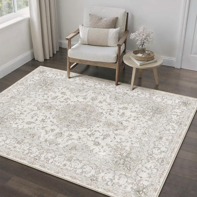 3x5 Entryway Area Rug Vintage Beige Small Rug Machine Washable Door Mat Neutral Floral Low Pile Carpet Vacuumable Thin Throw Rug Entrance Kitchen Bedroom Bathroom Non Slip Lightweight