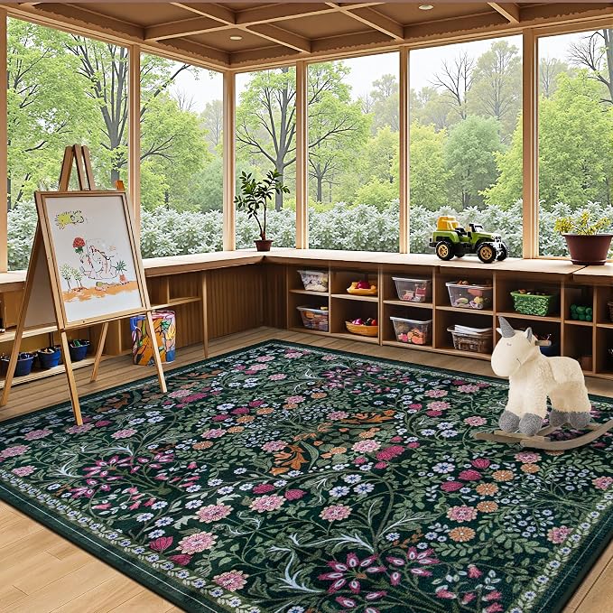 PLHXFR Area Rug Living Room: 5x7 Floral Washable Boho Carpet Dark Green | For Bedroom Dining Room Farmhouse Nursery Hallway,Vintage Floral,Machine washable,Non Slip,Stain Resistant,Large Indoor